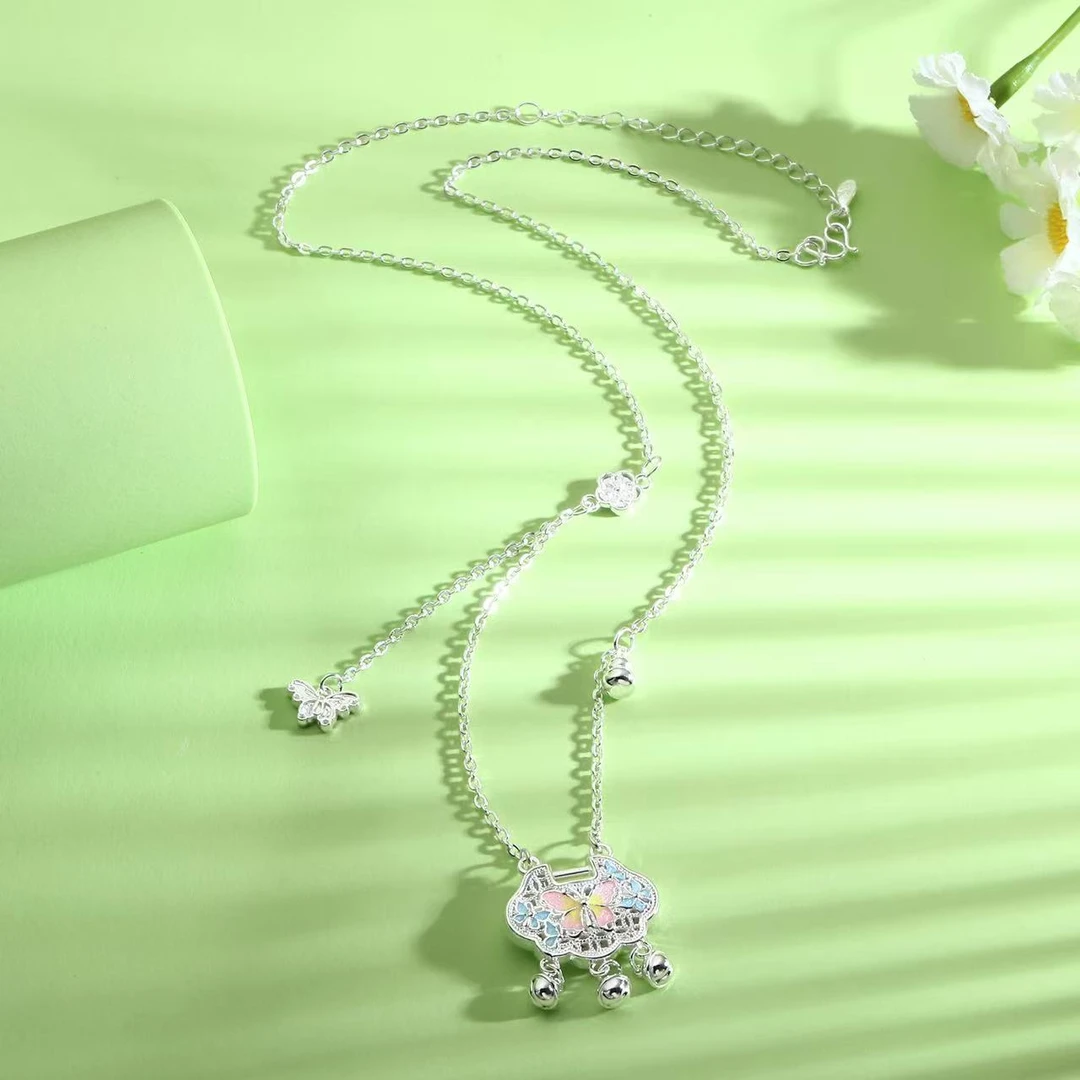 坠链均足银 990国风珐琅蝴蝶花丝锁项链套链