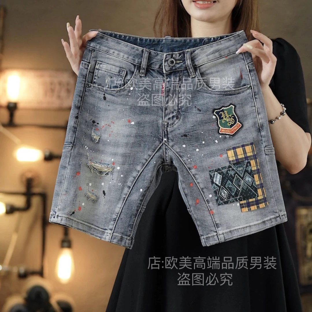 夏季薄款男士软牛仔裤短裤复古怀旧弹力破洞拼接泼墨刺绣中裤五分