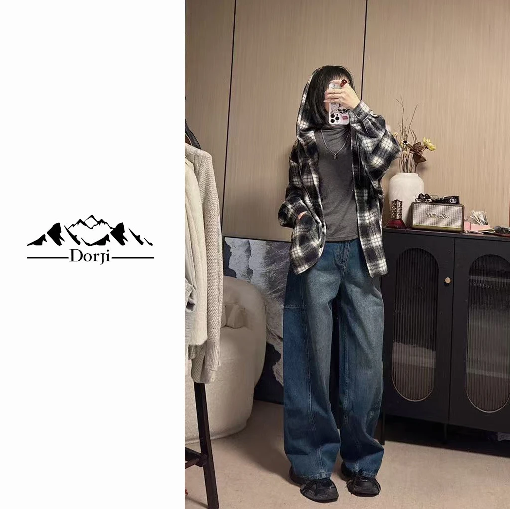 DORJI-女装-秋冬新款时尚百搭分割线大弯刀蓝色牛仔裤DJ251PA241