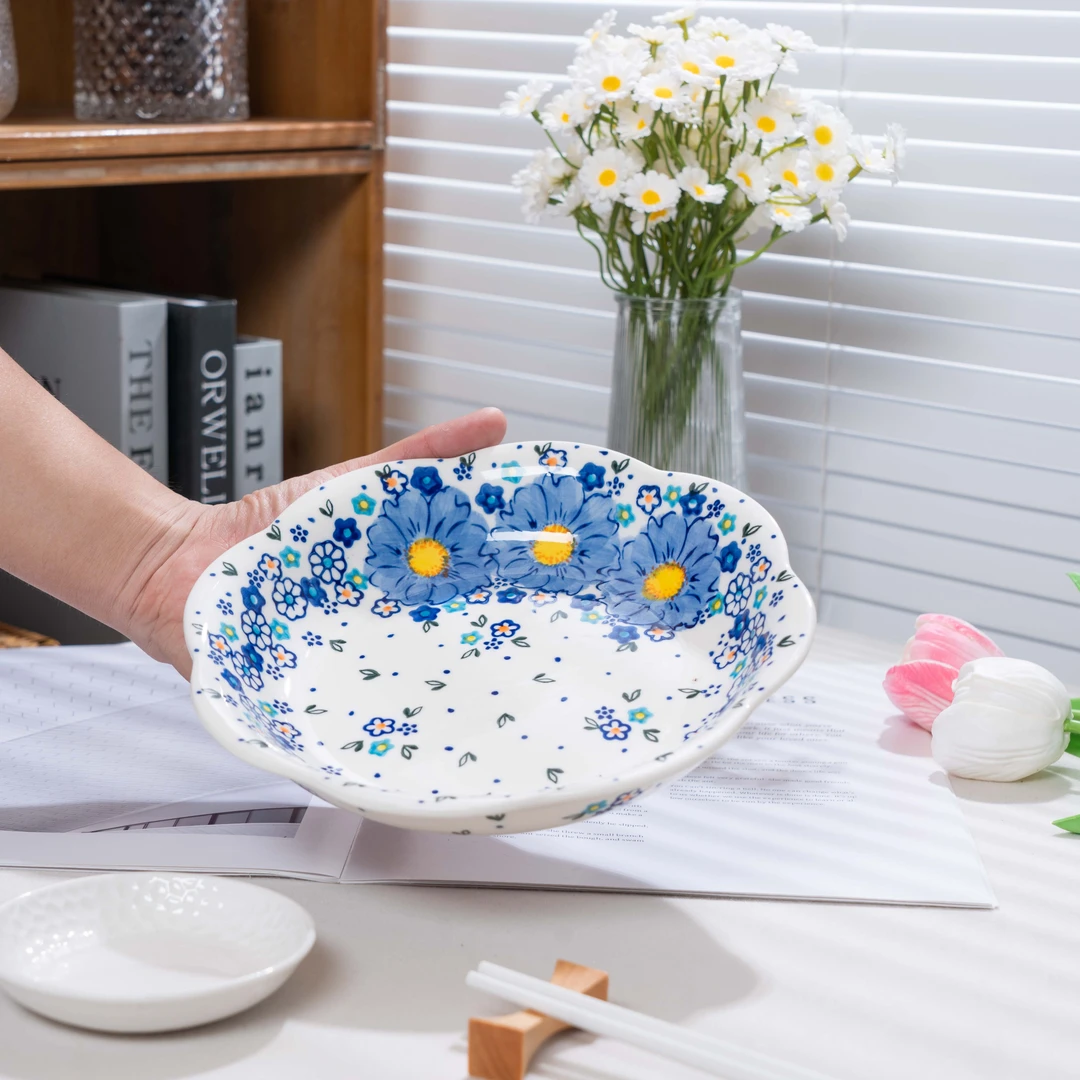 【勿忘我】家用手绘釉下彩欧式陶瓷8.5英寸草帽盘家庭装