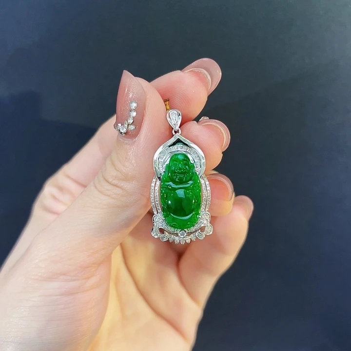 翡翠吊坠(不含链)18K金镶嵌翡翠绿佛公吊坠多人不退不换