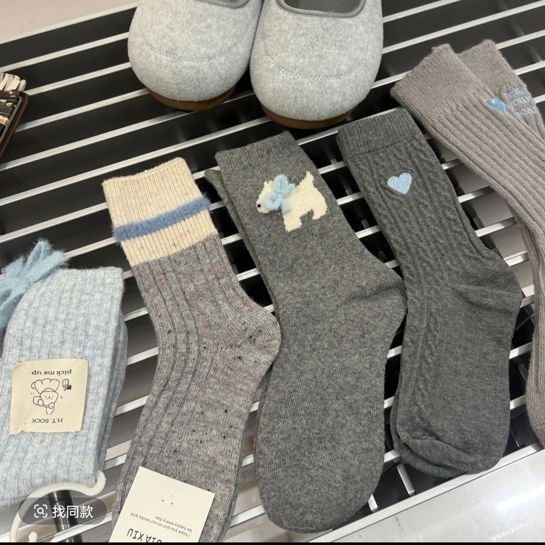 中筒东大门同款穿搭袜灰蓝色系秋冬袜子纯棉堆堆袜拼色卷边显瘦