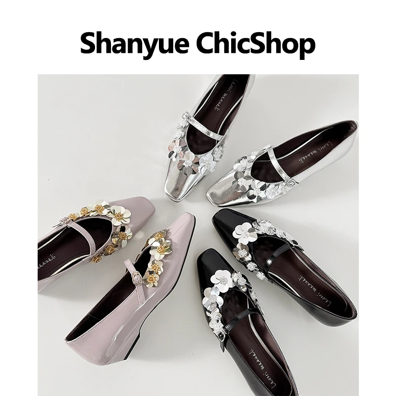 4.5cm一字带亮片镶花装饰全皮小方头气质百搭单鞋