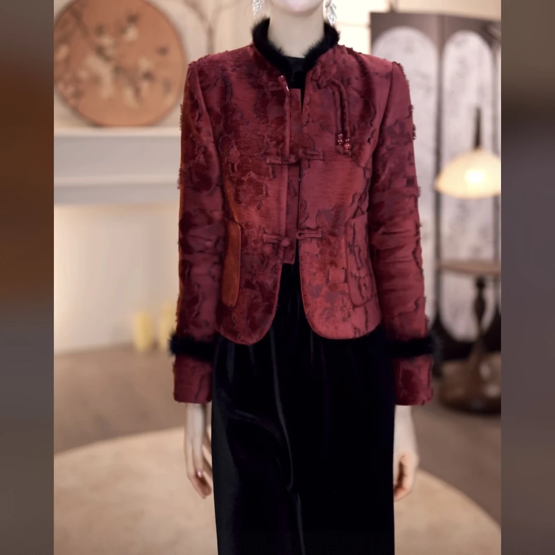 【外套】2025秋冬新款勃艮第红复古新中式提花毛绒立领国风加厚外套