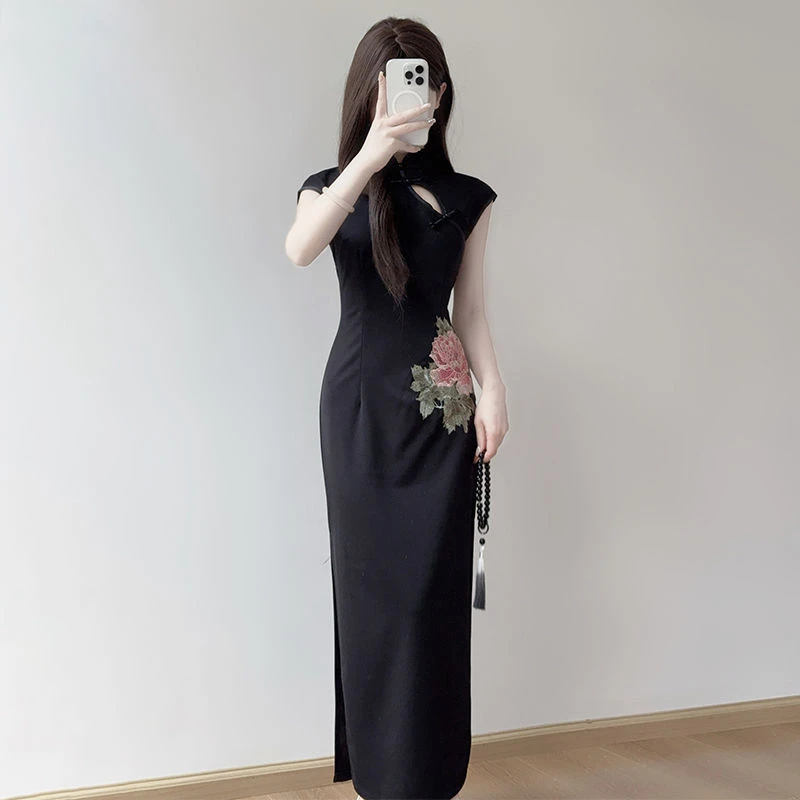 复古新中式改良玫瑰刺绣旗袍连衣裙女夏季修身显瘦气质黑色长裙