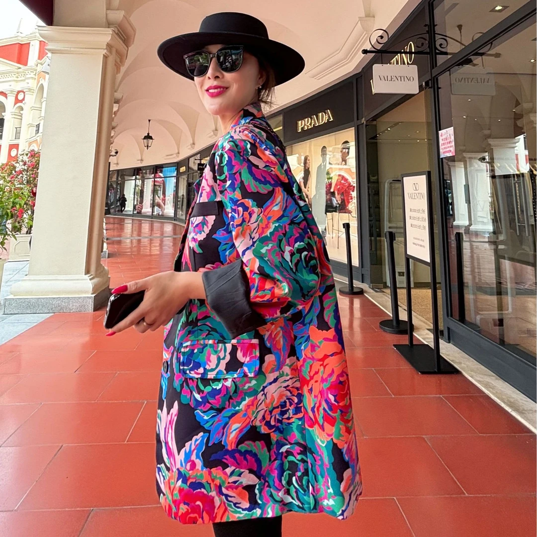 S859欧货大牌范儿气质彩色花朵印花韩版西服外套