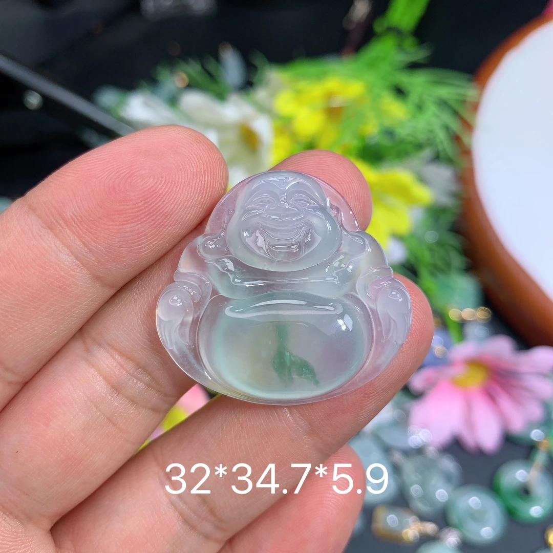 缅甸翡翠A货冰种飘花佛公品吊坠种老水足气质百搭精雕精美