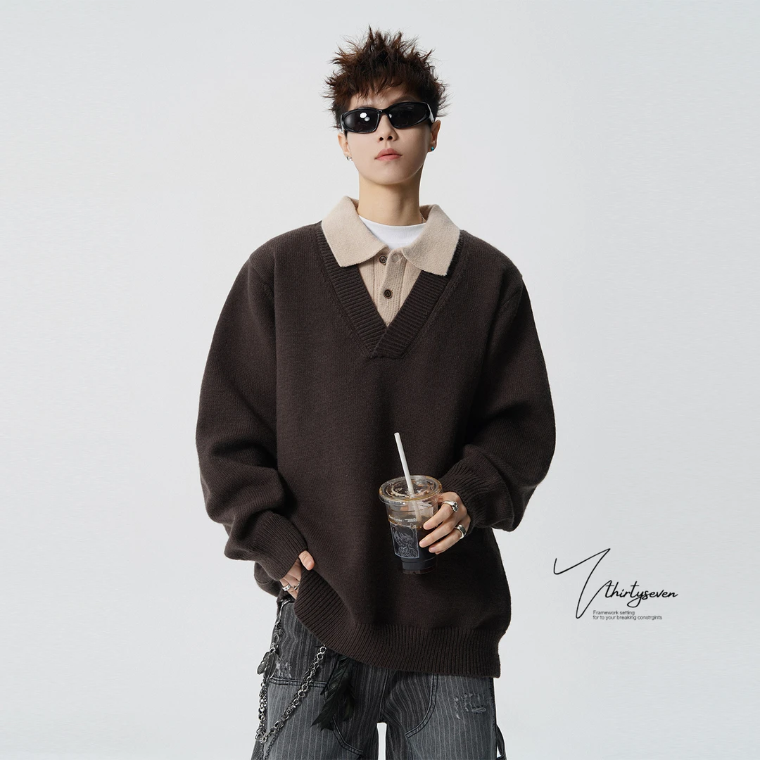 V37老风撞色POLO领假两件毛衣男冬季美式慵懒松弛感保暖针织衫