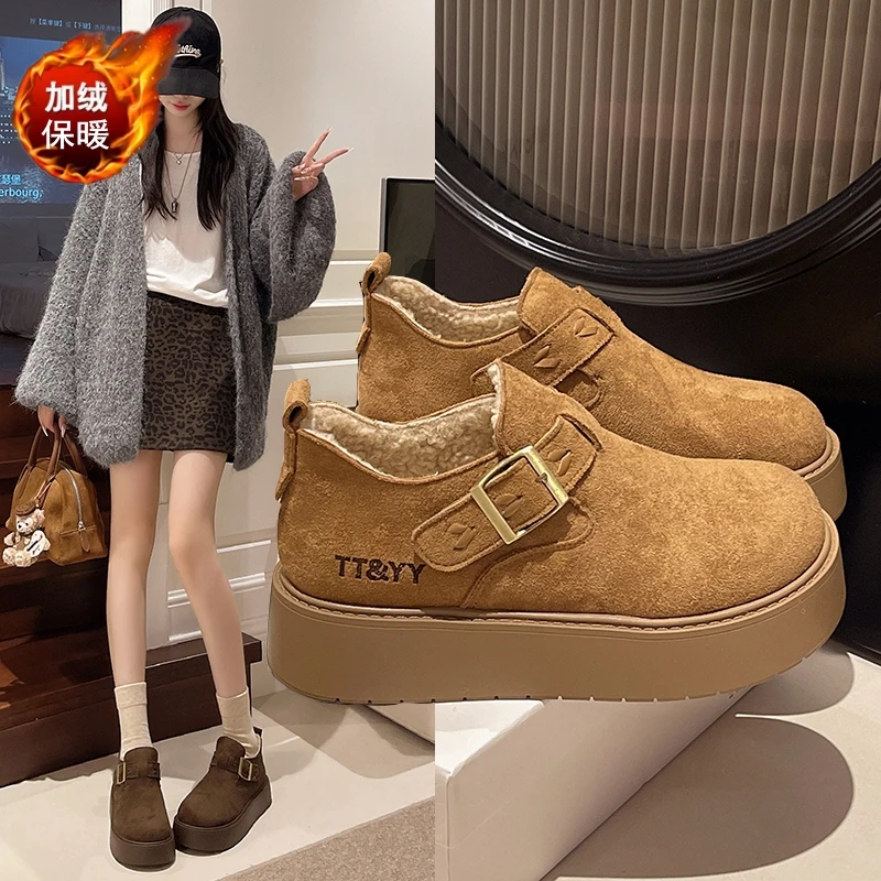 厚底加绒勃肯鞋女2025冬季新款时尚百搭一脚蹬保暖棉鞋防滑雪地靴