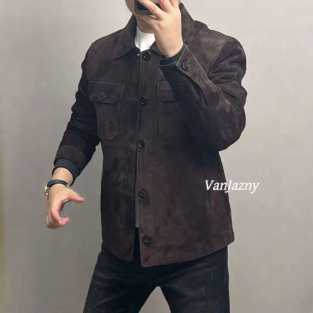 【VanJazny】新款男士时尚简约纯色口袋拼接皮羽绒28706