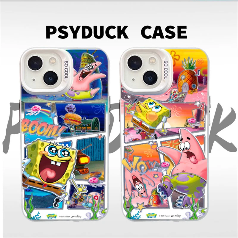 适用苹果华为一加小米派大星海绵组合彩银白底卡通动漫防摔手机壳