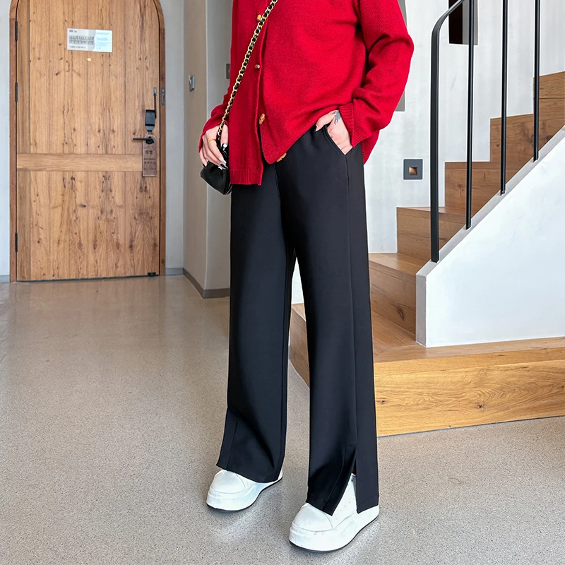 大码微喇裤胖mm高腰阔腿裤遮肉显瘦垂坠感直筒裤休闲黑色休闲裤子