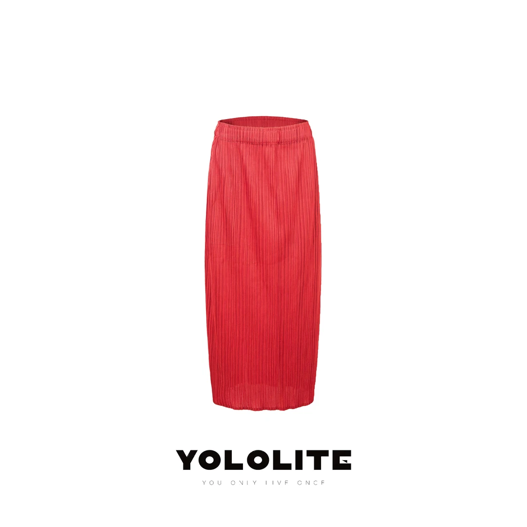 YOLOLITE【葡萄庄园】3051夏季新款后开叉三宅风褶皱修身直筒半身裙