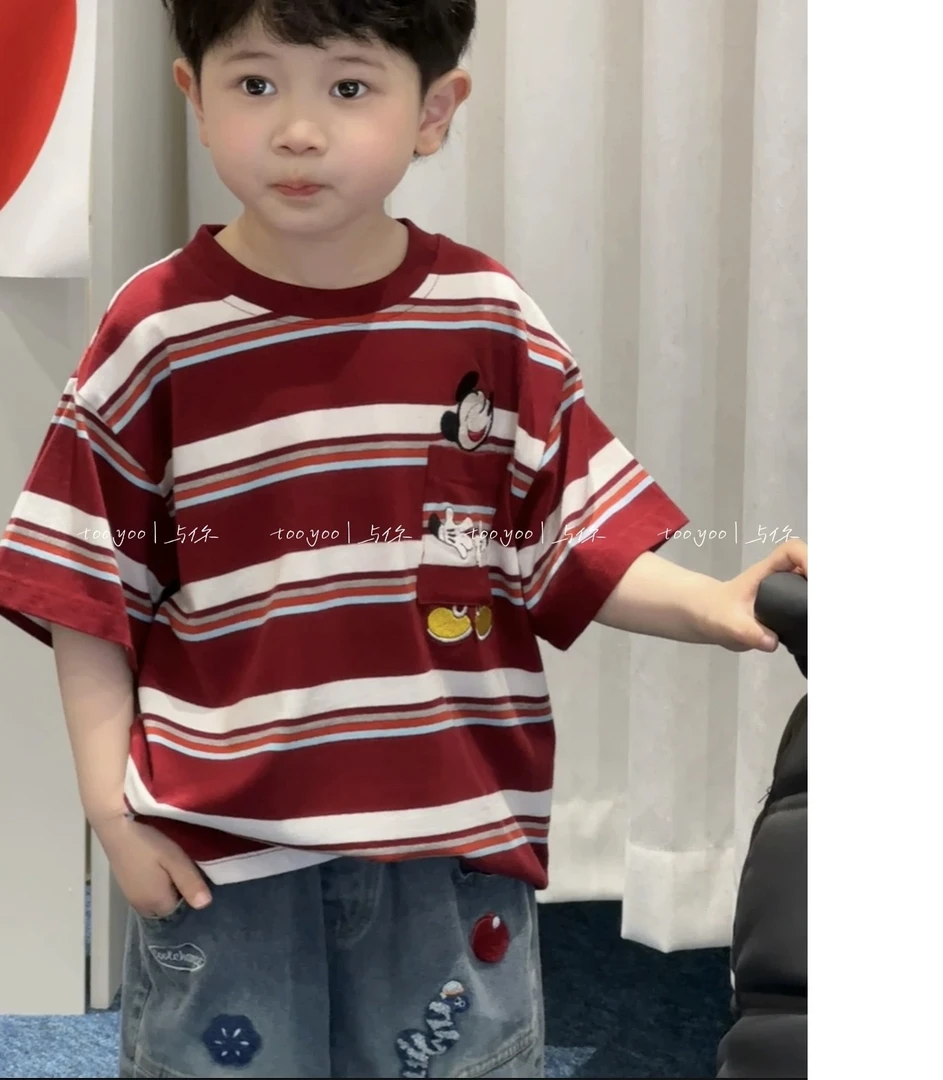 男童夏季套装2025新款儿童条纹米奇T恤百搭绣花牛仔7分裤两件套潮