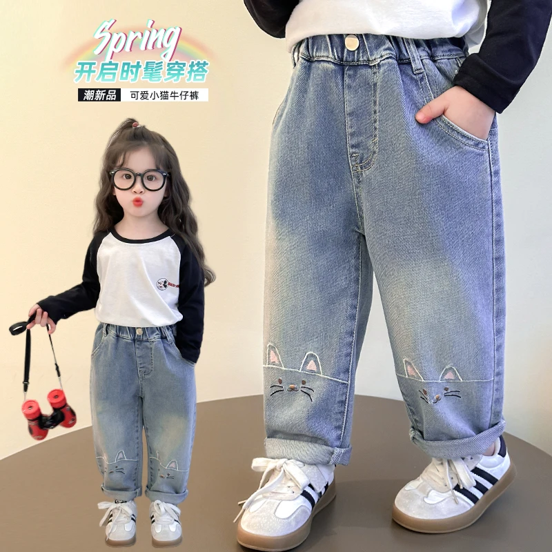 2025春季新款童趣韩版中小童裤子膝盖猫咪牛仔裤宽松休闲洋气女童