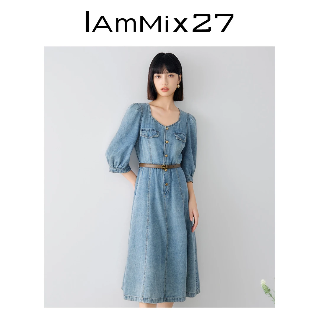 Iammix27复古方领牛仔裙女收腰显瘦中长款套头连衣裙M4A9921