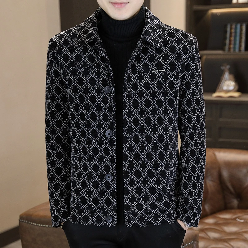 柒一男士毛呢外套休闲短款呢子大衣韩版帅气高级感潮流印花夹克