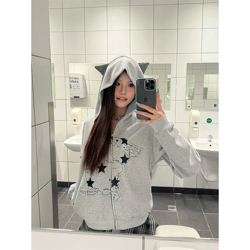 克林菲美式小猫耳朵华夫格连帽外套女秋季宽松慵懒风拉链开衫上衣