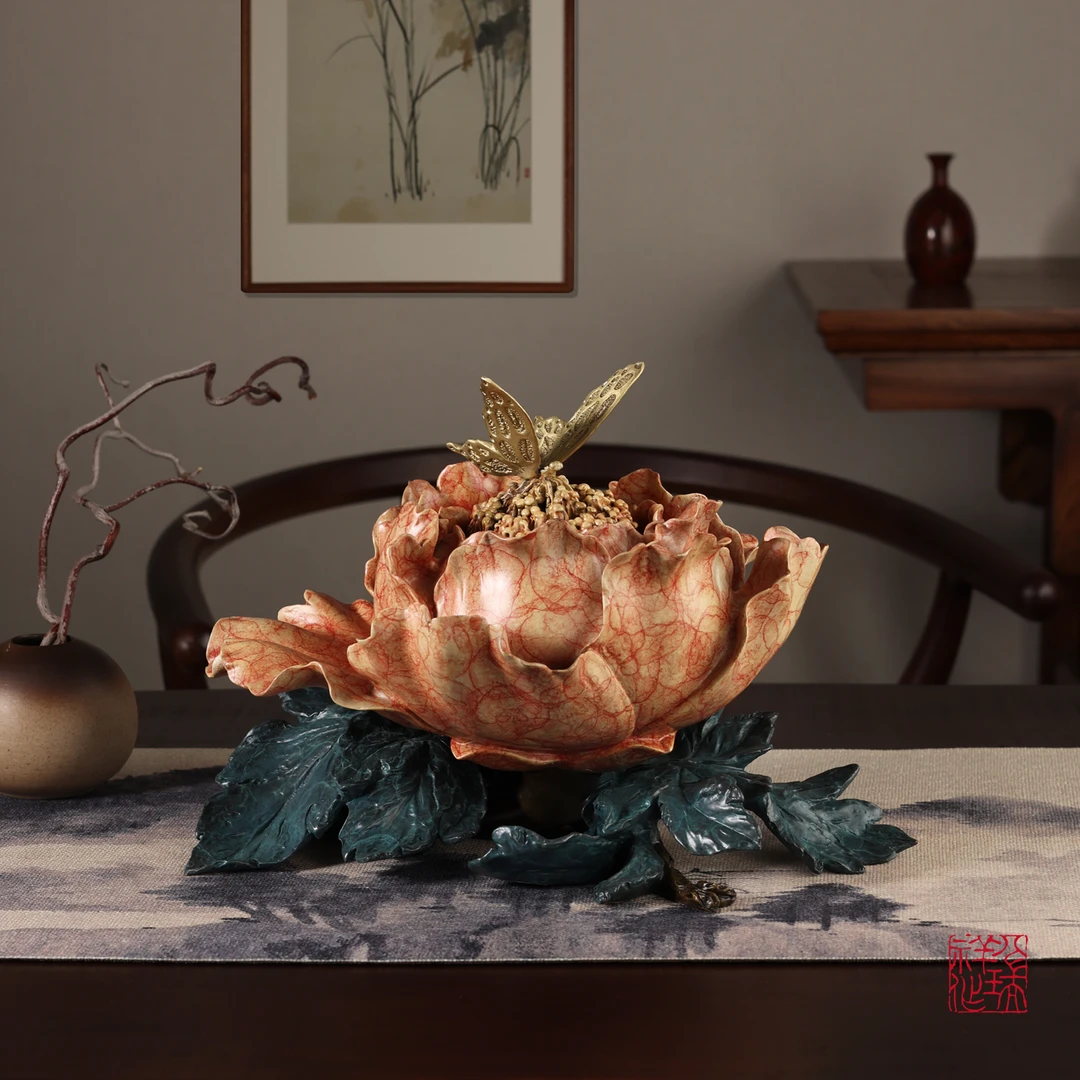 八瑞祥黄铜香炉摆件【牡丹纹香器】客厅玄关铜香插佛堂家用檀香薰炉