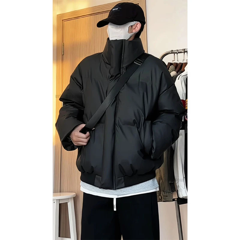 新款pu皮棉服男冬季防寒高街潮牌痞帅棉袄短款宽松面包服棉衣外