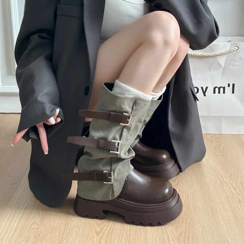 厚底裤管马丁靴骑士靴女2025新款夏西部牛仔堆堆靴中筒高筒长靴子