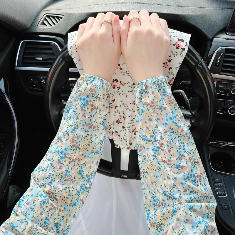 新款碎花冰丝冰袖女夏季弹力护手臂长款手袖干活骑车宽松大码袖套