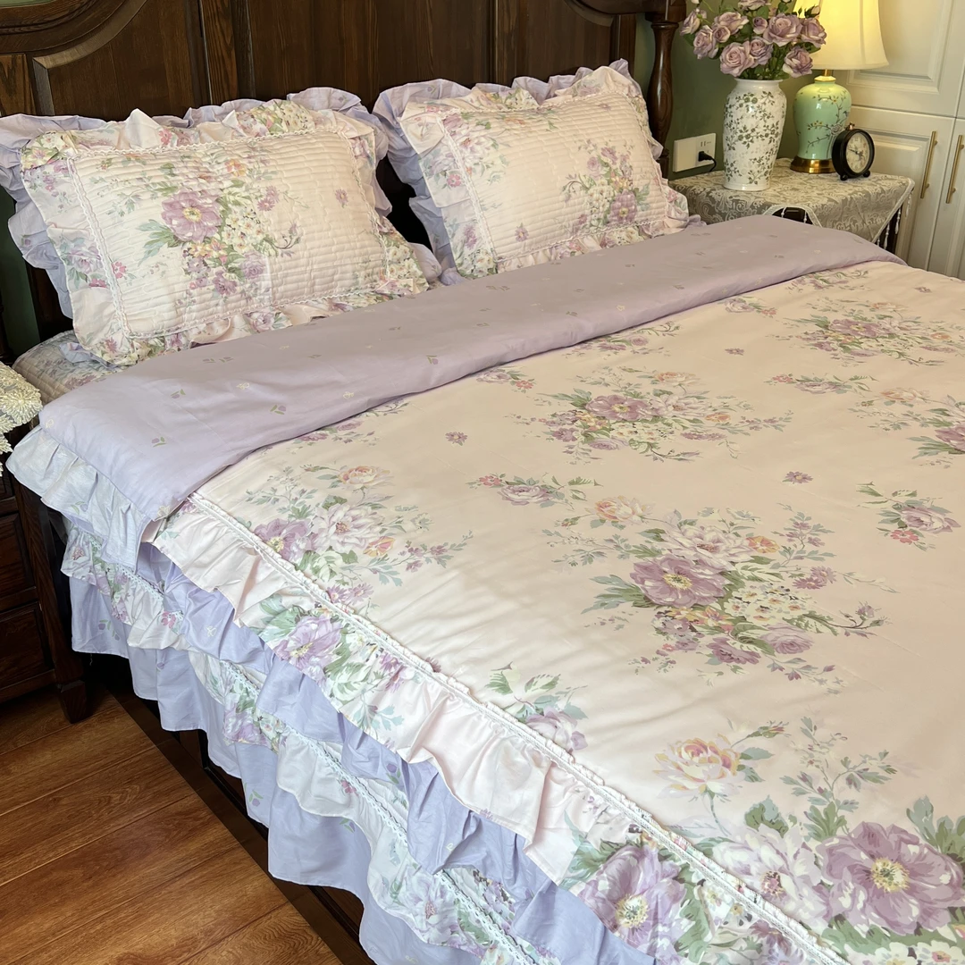 玉兰姐姐【爱丽丝仙境】法式浪漫印花荷叶花边全棉印花床盖款四件套