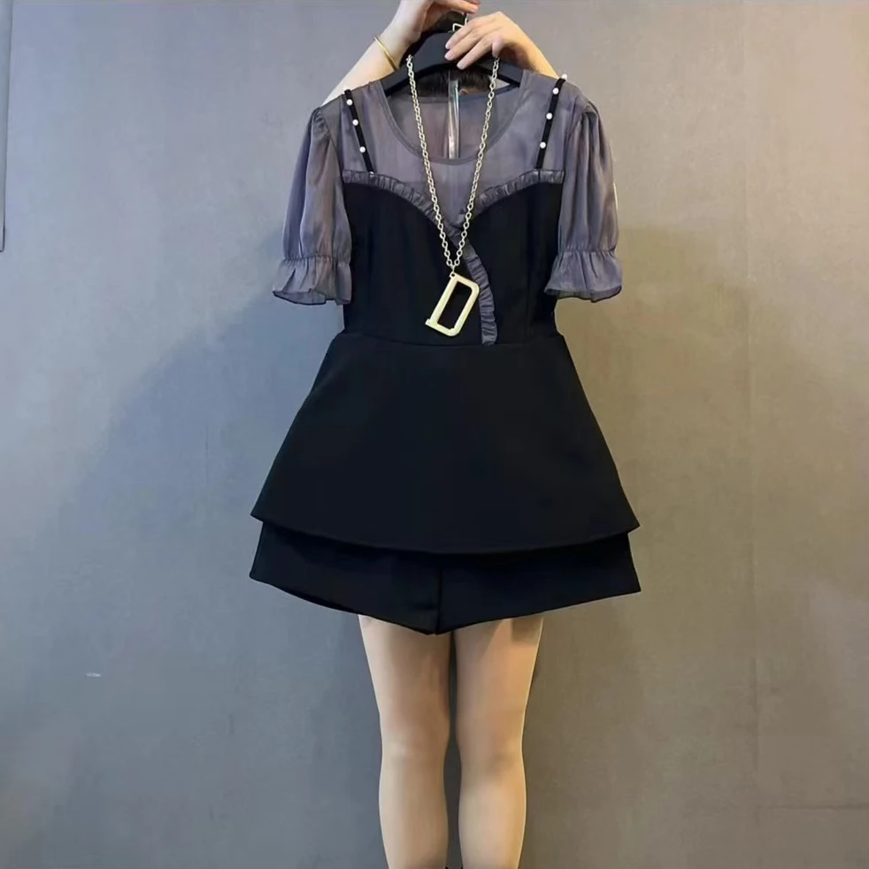 3078-2025年夏季新款时尚设计感拼接显瘦上衣+短裤两件套