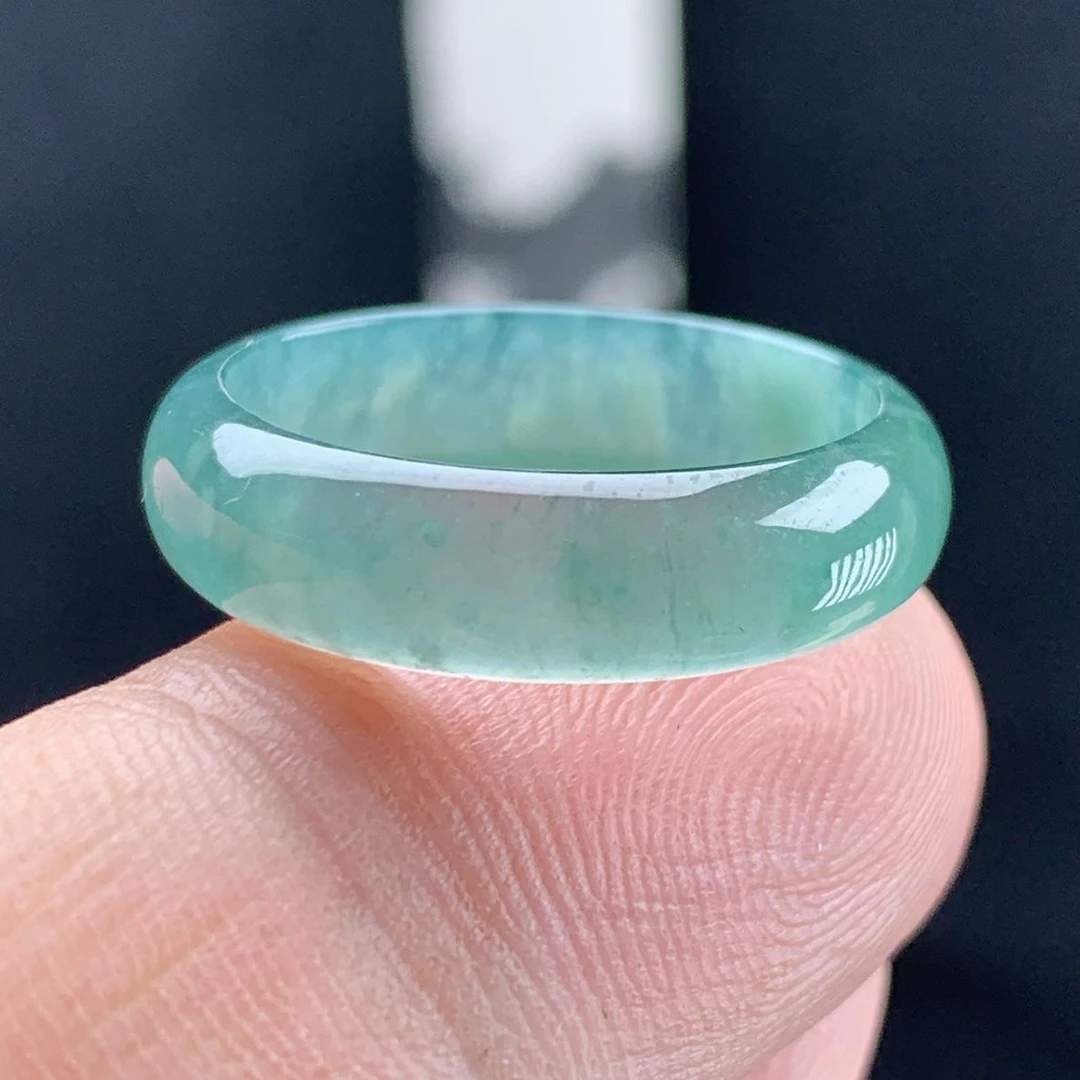戒指内径19.5玉石老坑料冰润纯天然A货翡翠蓝绿色素面尾戒圈指环
