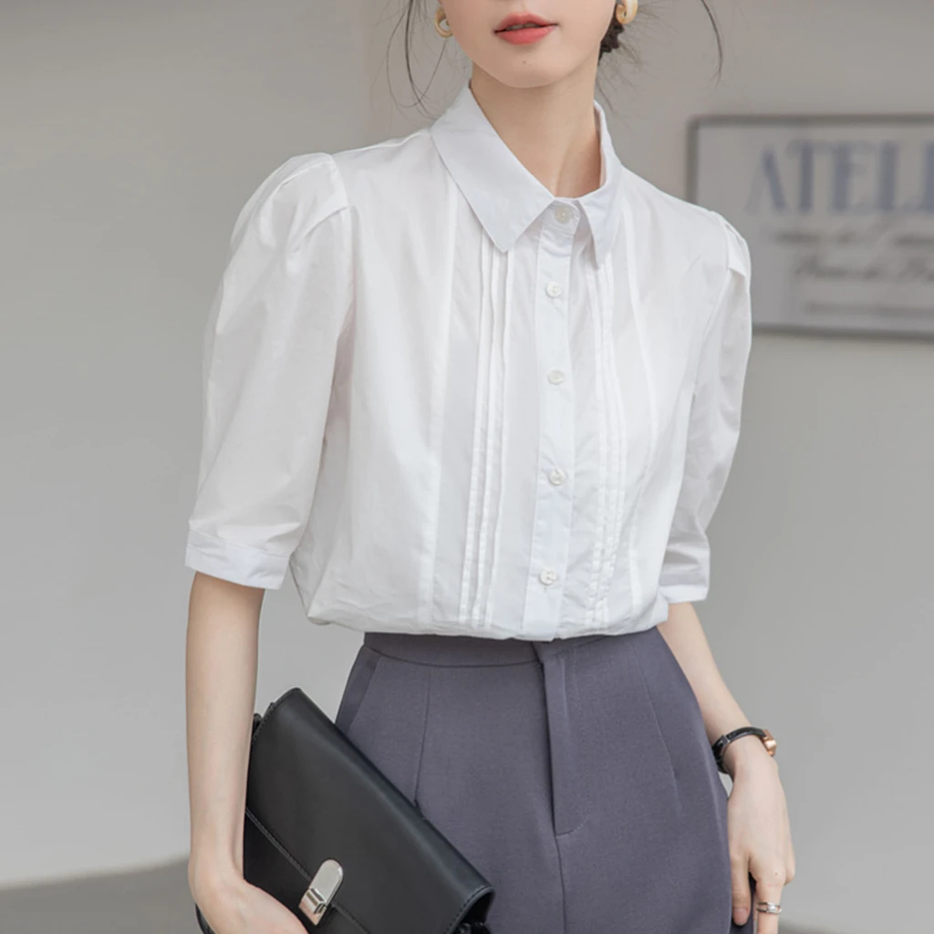 白衬衫女短袖抗皱职业夏薄款设计感小众高级正装泡泡袖法式衬衣