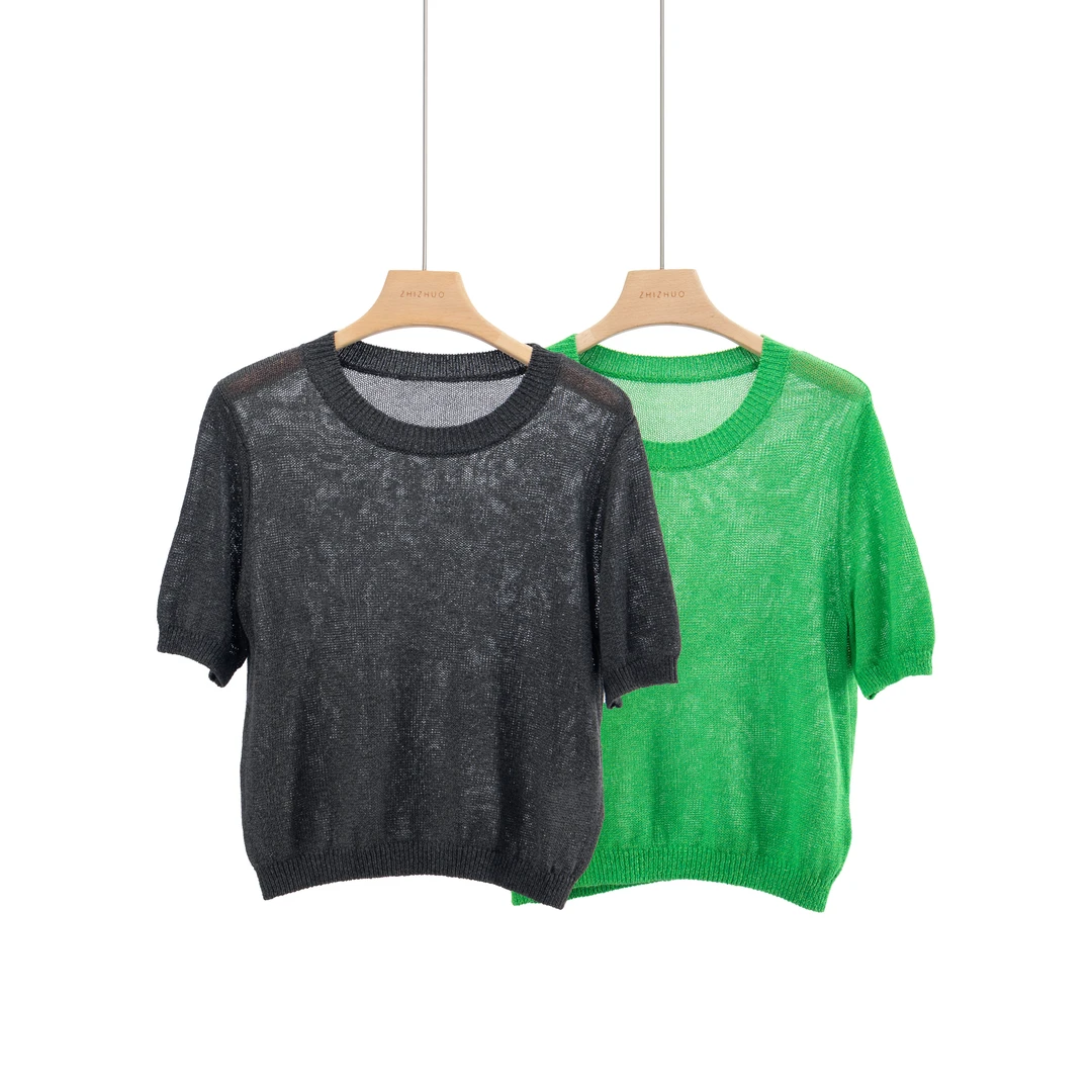 清甜一夏简约气质百搭显瘦圆领套头双色混纺T恤