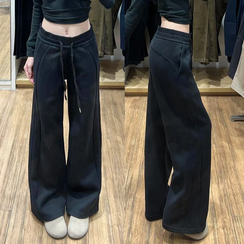 黑色百搭运动裤女春秋新款宽松阔腿窄版直筒美式休闲辣妹高腰卫裤