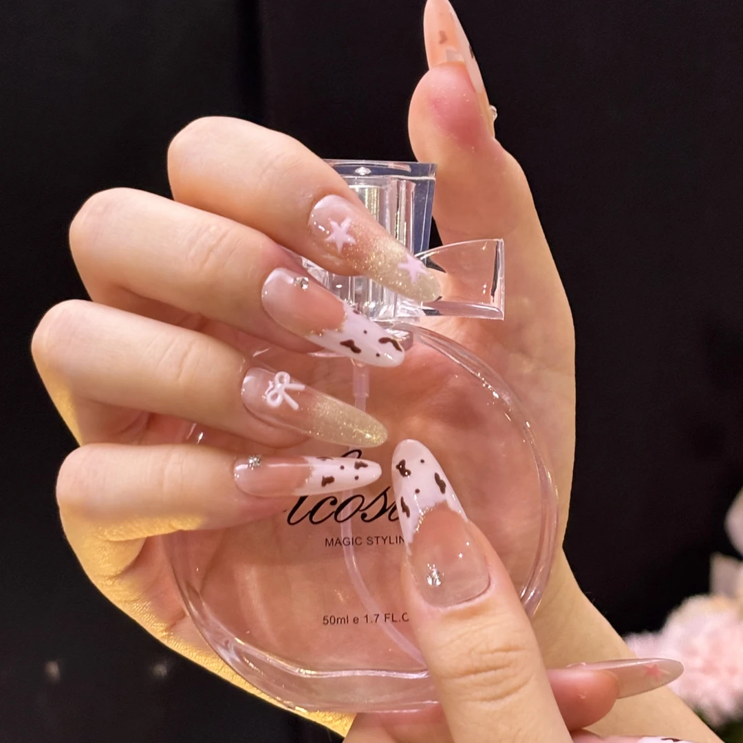 【辣妹豹纹】甜酷猫眼渐变长款显白法式爆闪手工穿戴甲可反复用美甲