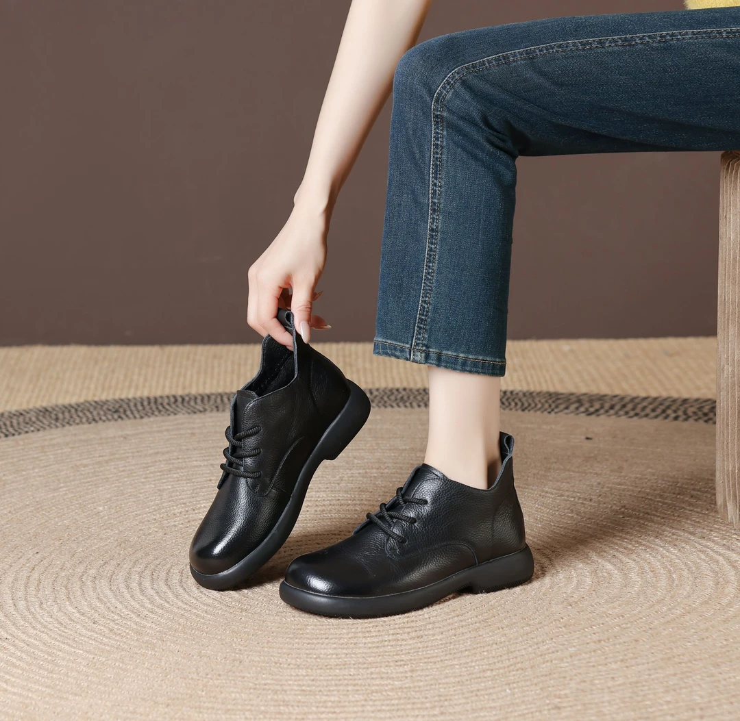 头层牛皮平跟交叉绑带秋冬薄绒款缝制马丁靴系带休闲复古圆头百搭