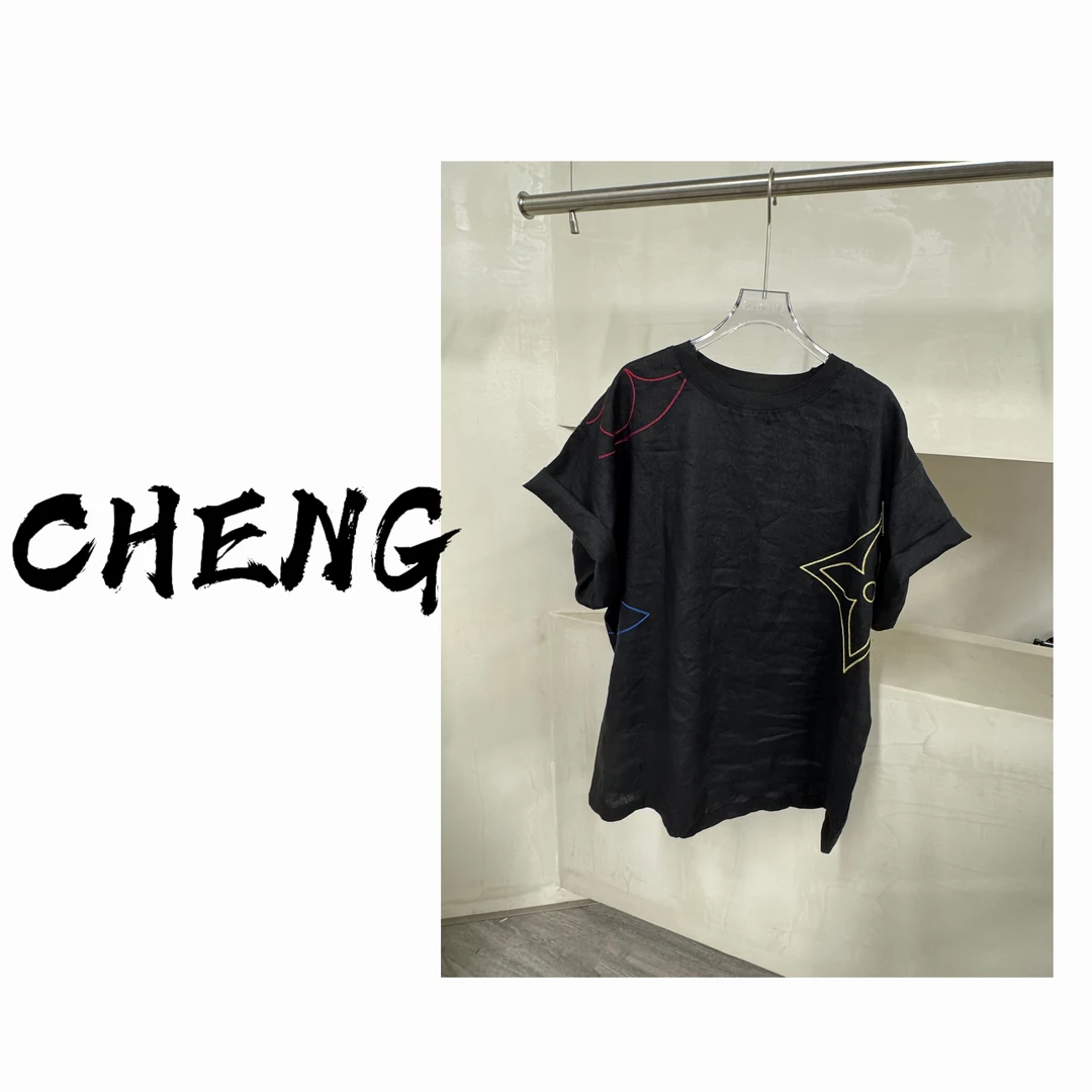 【CB-J-T恤-9022】洋气圆领宽松先手亚麻绣花男女同款短袖T恤