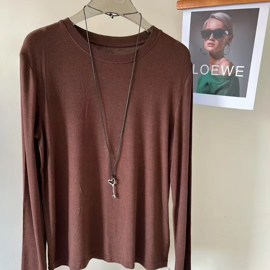 早秋正肩圆领软糯舒适纯色打底衫T恤女圆领长袖高弹力显瘦上衣