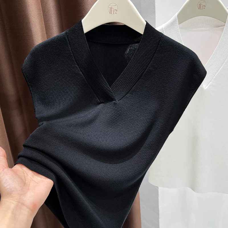 黑色V领套头针织衫爆款2025夏季设计感收腰软糯飞飞袖内搭上衣女