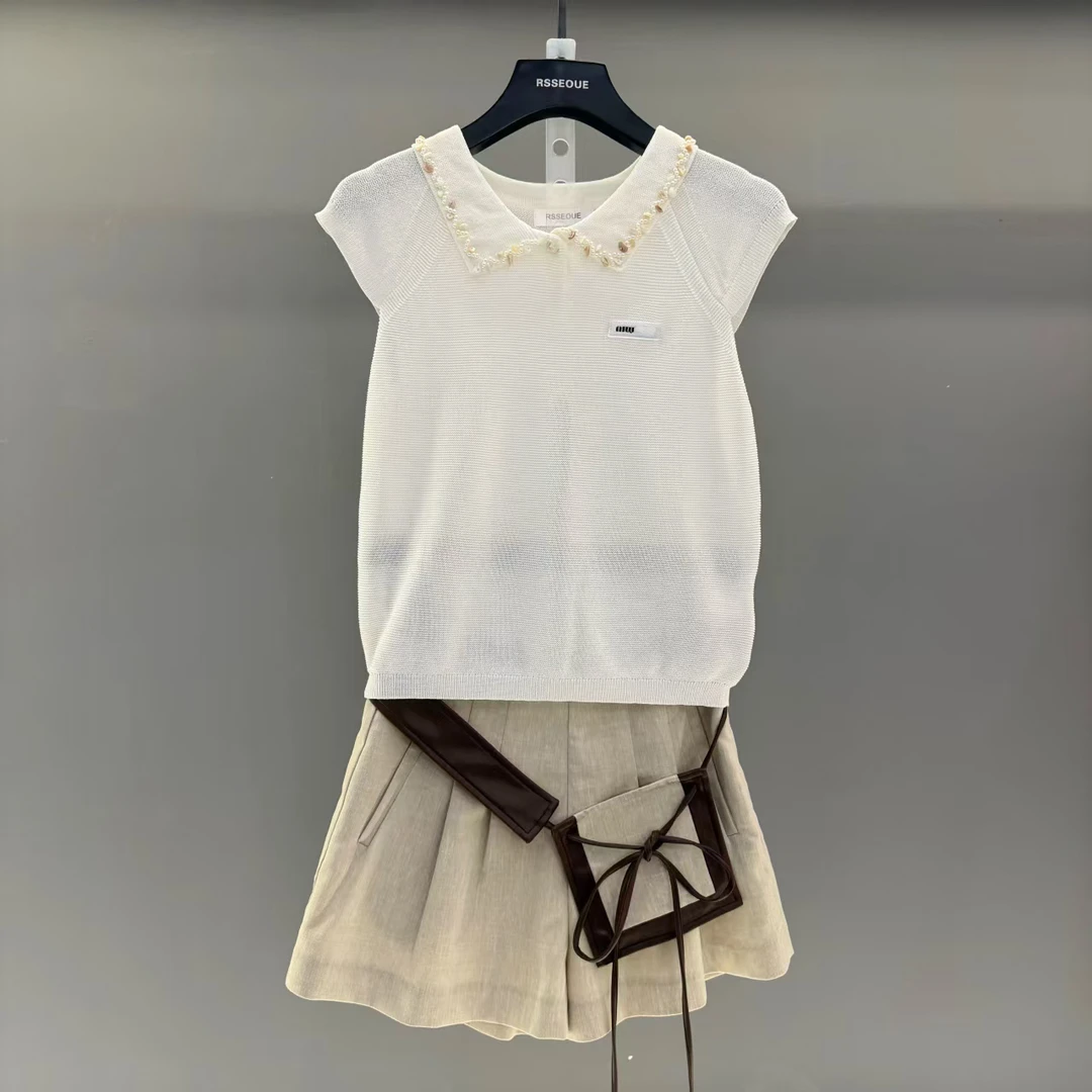 夏季套装韩系翻领百搭针织衫重工彩色钉珠+时尚百搭裤裙T9589