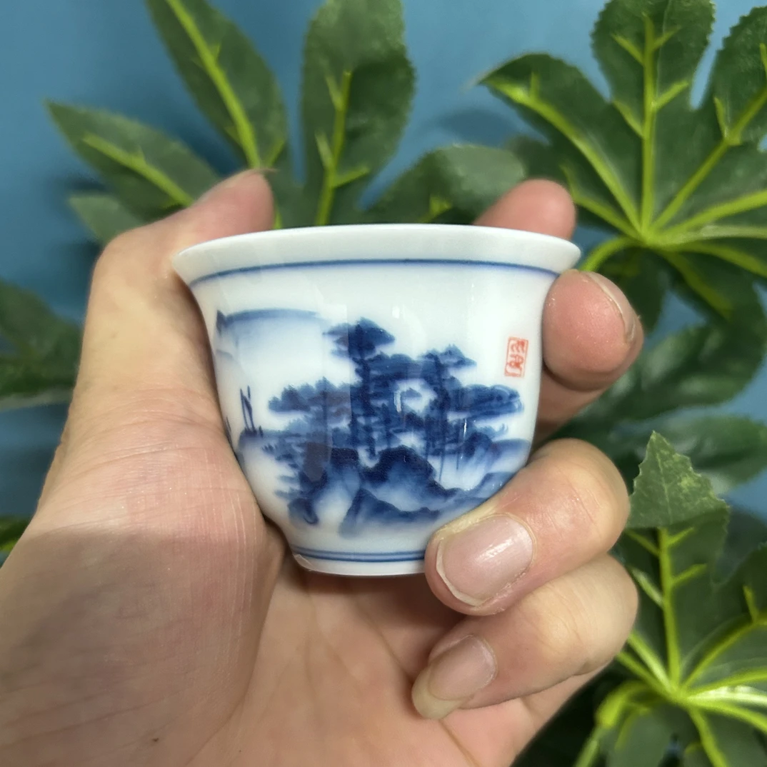 景德镇青花釉下彩山水主人杯手工