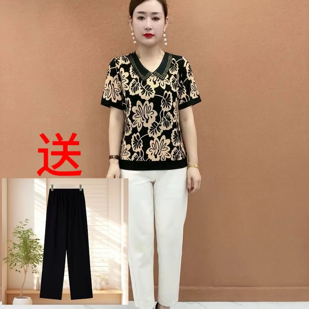 中老年妈妈洋气套装时尚2025气质新款夏季百搭显瘦【买上衣送裤子】