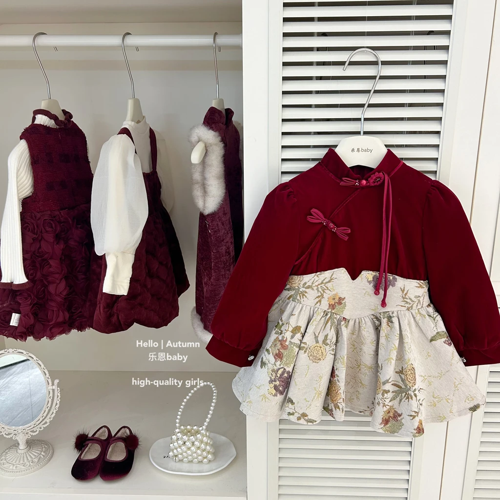 现秋冬【乐恩童装】女童季过年衣服丝绒拼接提花连衣裙萌娃礼服裙套