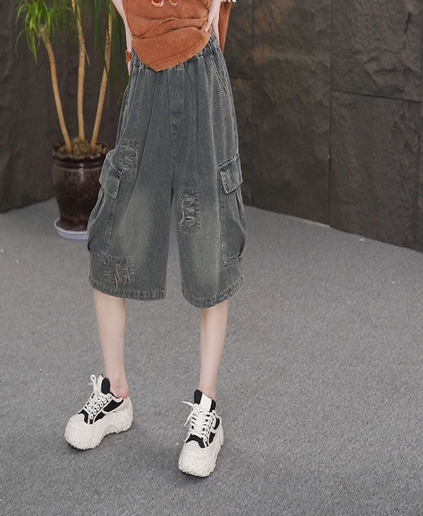 夏季新款砂洗做旧炒色磨白牛仔直筒七分裤宽松大口袋工装短裤女潮