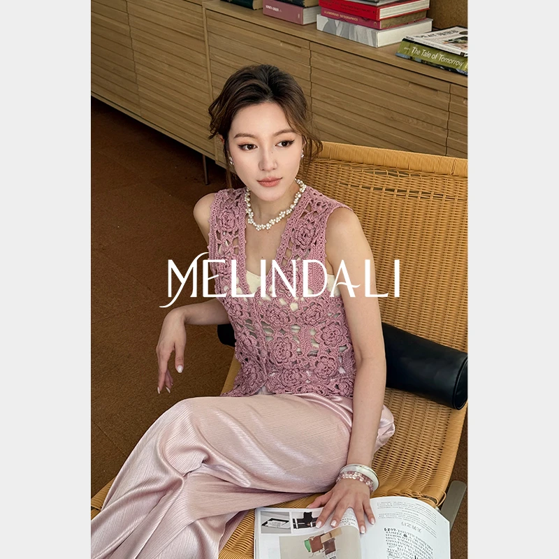 Melinda Li【松弛玫瑰】重磅手勾玫瑰花针织镂空V领背心夏气质马甲