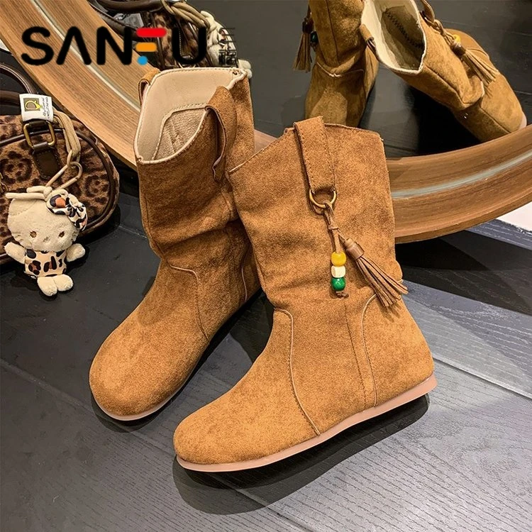 三福中筒靴子2025秋冬季新款时装靴圆头鞋英伦风时尚百搭女瘦瘦靴