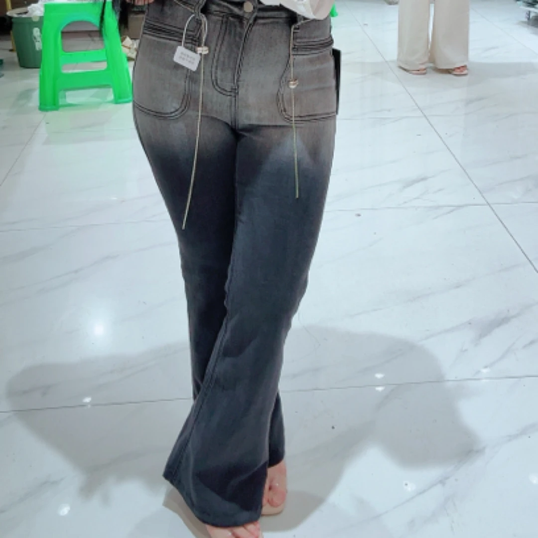 飘带破洞阔腿拖地牛仔裤女