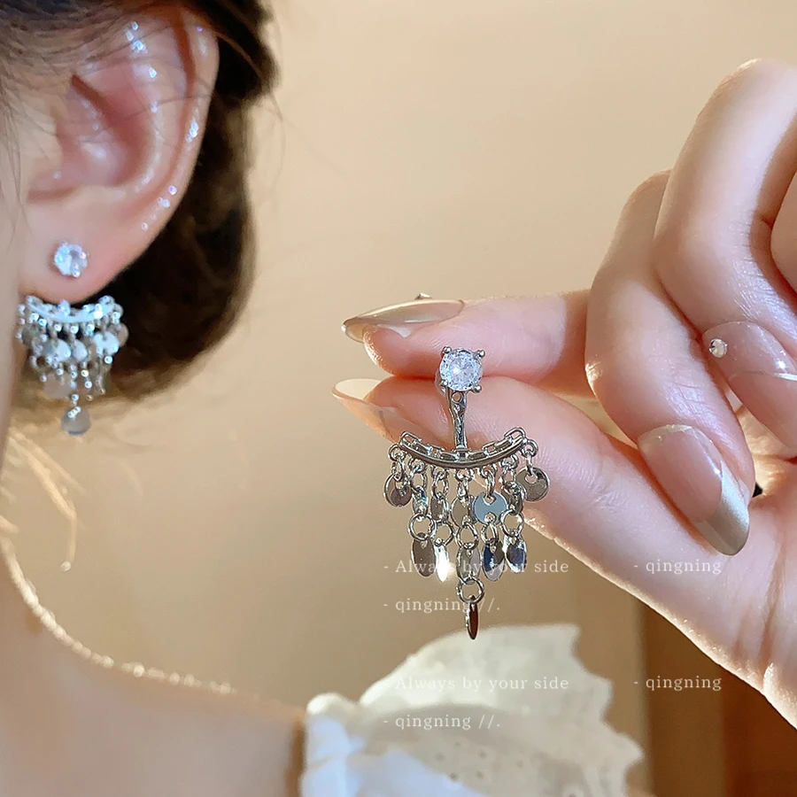 铜合金锆石耳饰 锆石亮片流苏耳环高级气质小众精致耳钉2025新款
