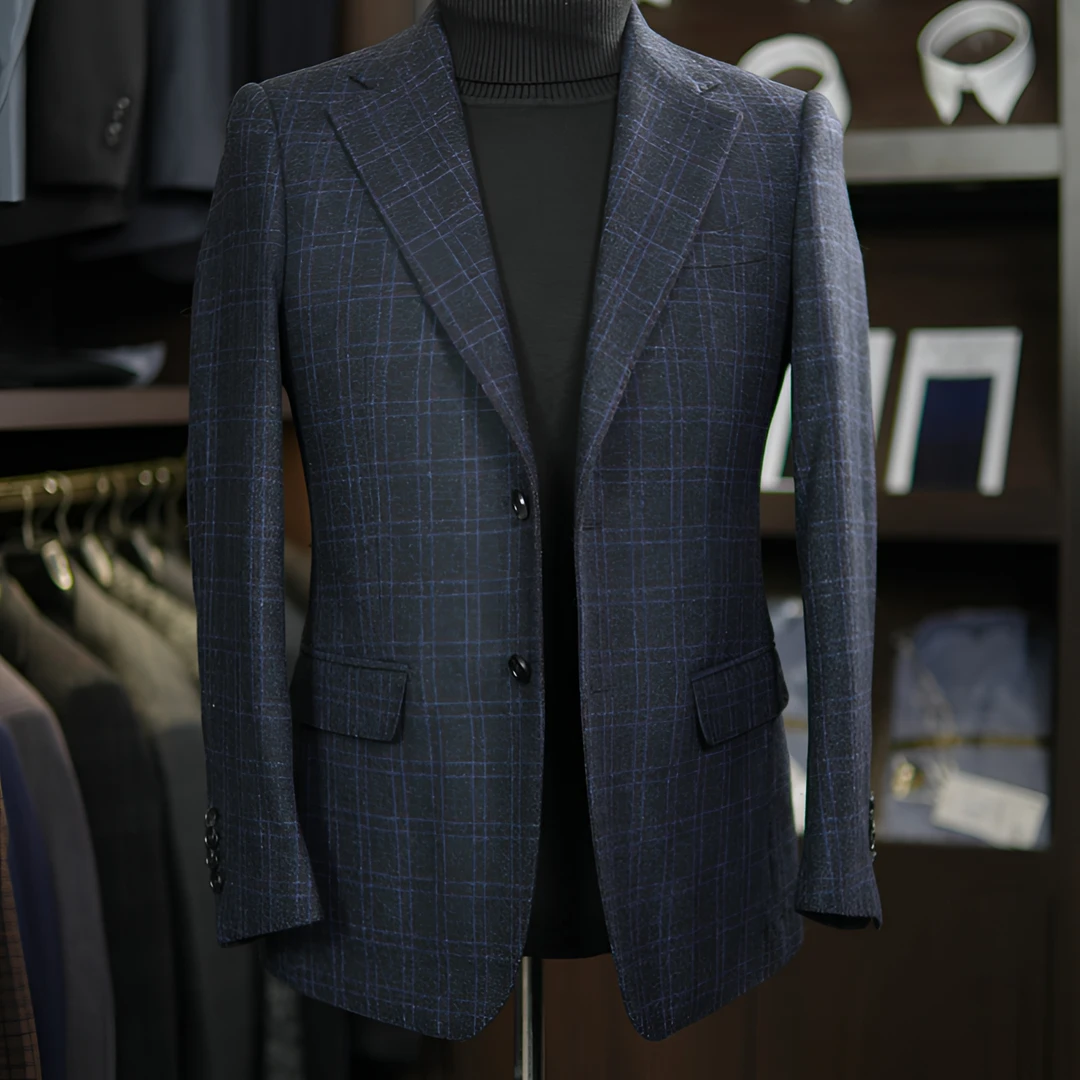 意大利进口齐马蓝格纹全羊毛秋冬西服时尚商务休闲修身西装男士