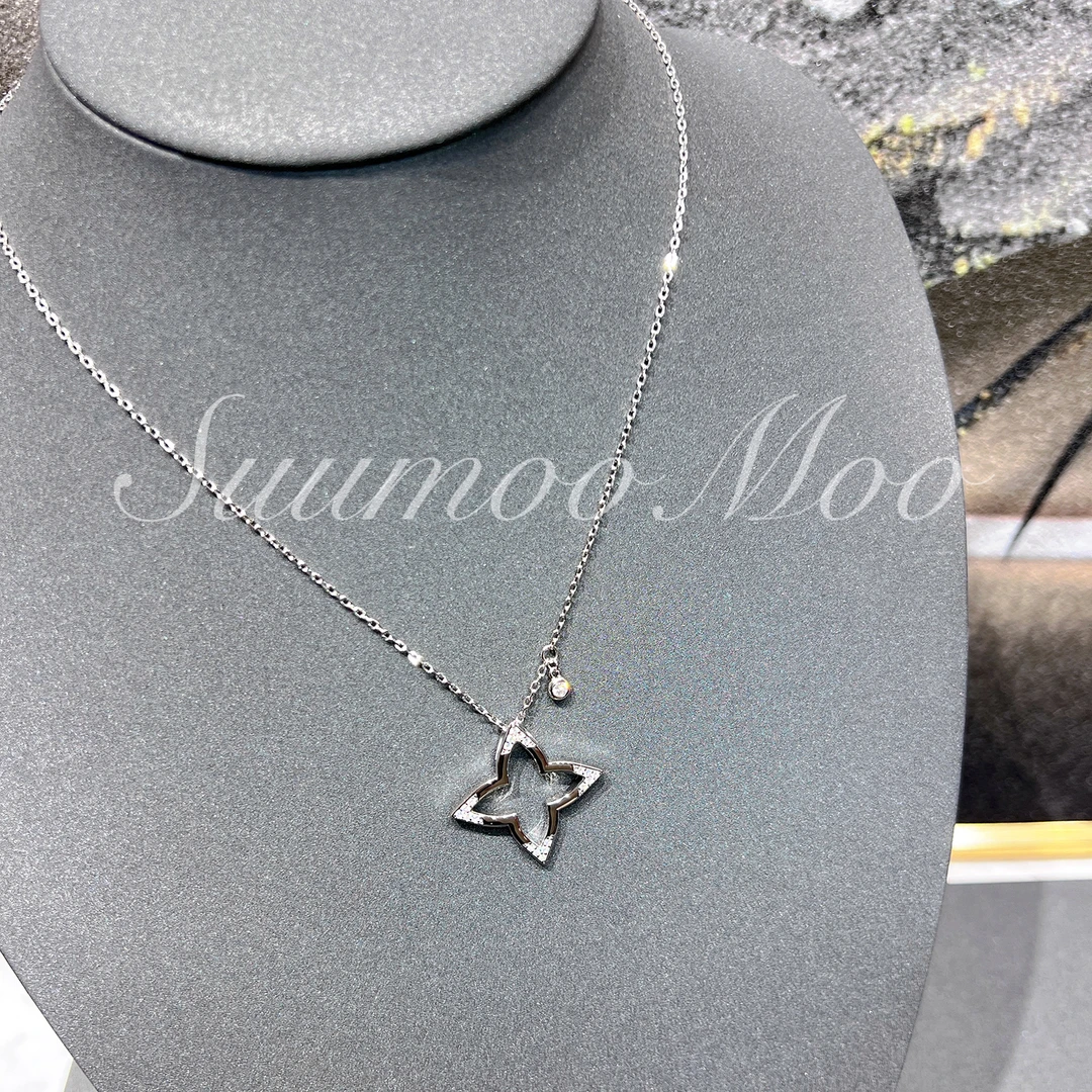 坠链均925银合成锆石 S925通体银 法式时尚镂空老花项链