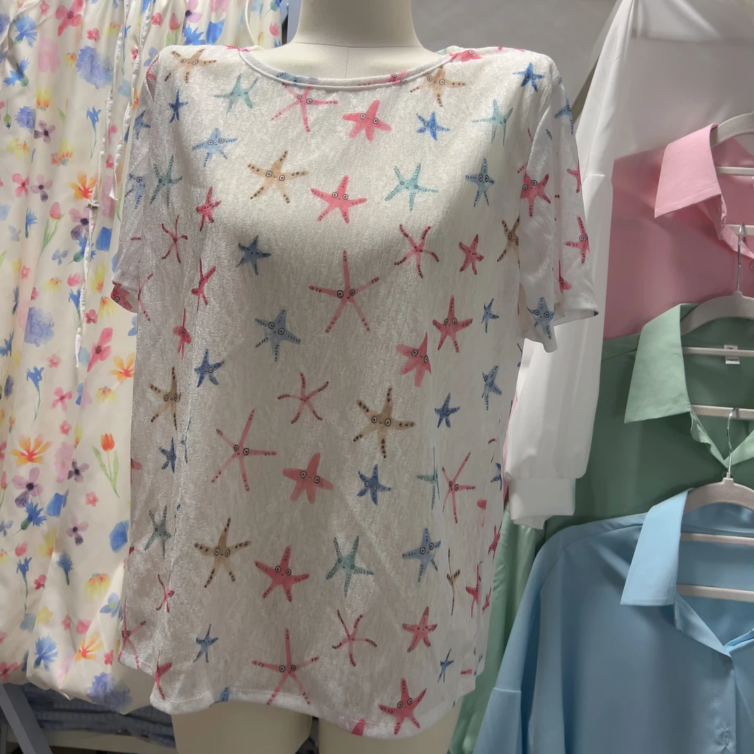 6332宽松星星白色型短袖常规款T恤时尚镂空百搭洋气韩版夏季