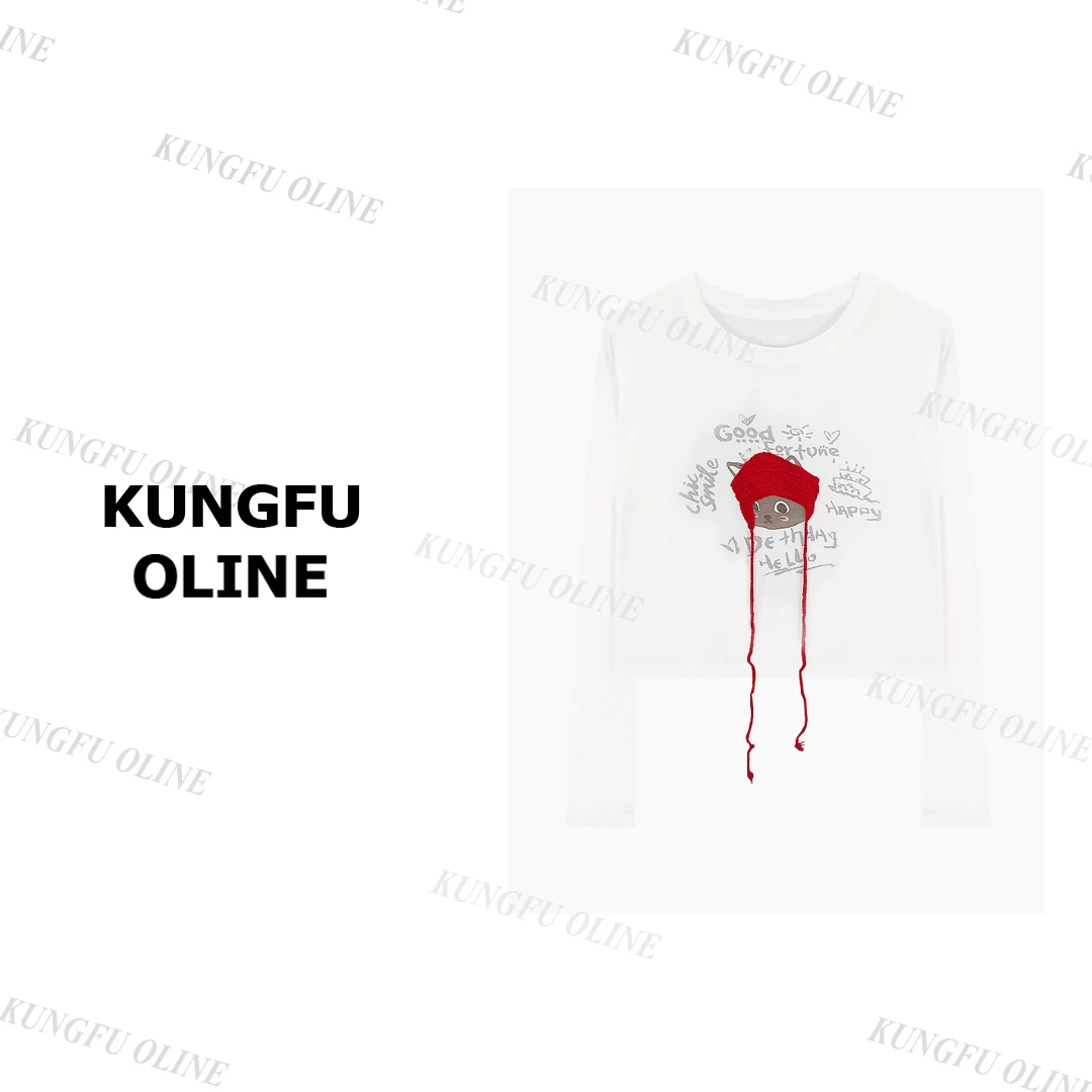 【现现】【戴帽小黑猫防晒】CT3302玩偶设计师短款打底薄款上衣长袖